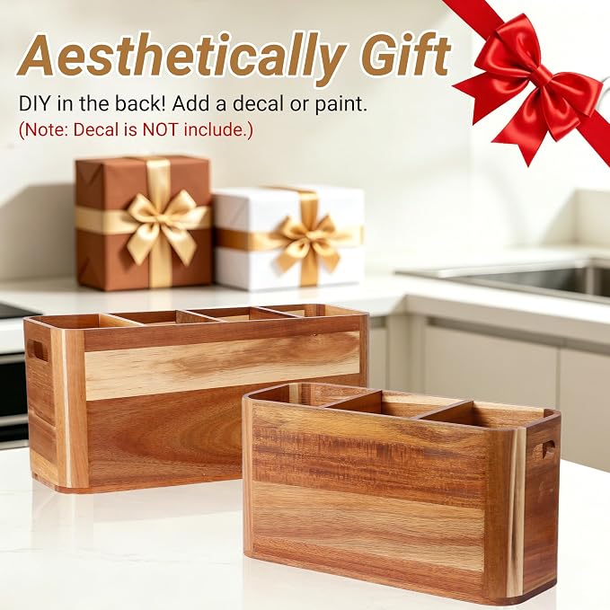 2PC Wooden Kitchen Utensil Holder for Countertop - Wall-mountable Large 4+3 Compartment Acacia Wood Organizer, Rustic Minimalist Utensil Crock for Cooking Tools and Flatware Storage - Image 7