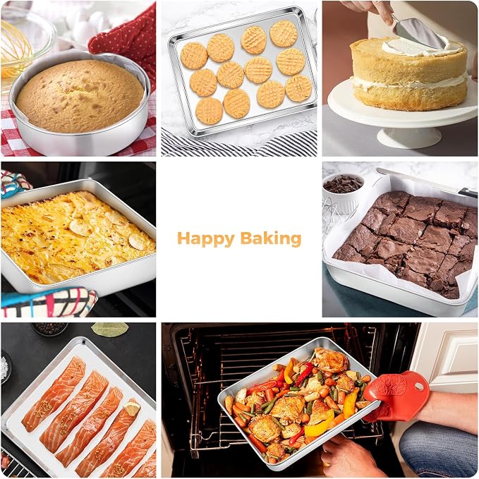 E-far Stainless Steel Baking Pan Set, 6-Piece Metal Bakeware Sets Include Cookie Sheet, Round Square Rectangle Cake Pans, Non-toxic & Dishwasher Safe - Image 6