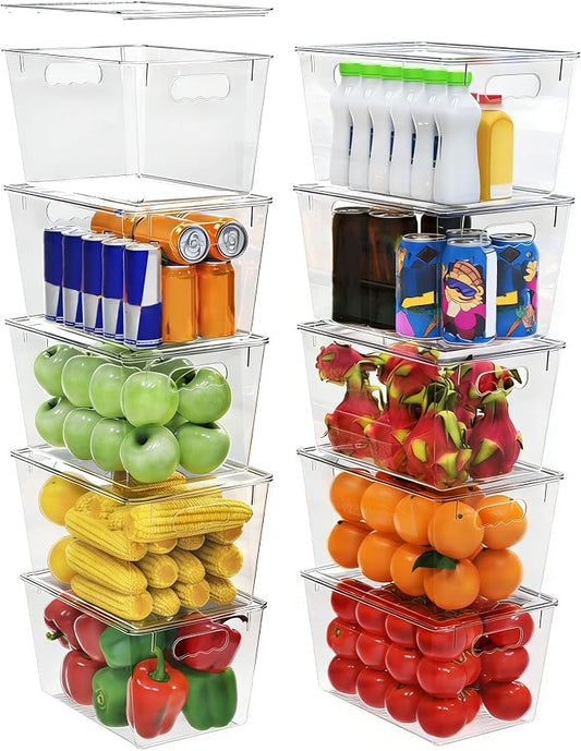 YAN & HIN 10 Pack Clear Storage Bins with Lids, Stackable Plastic Organizer Bins with Handles, Pantry Organizers and Storage for Kitchen Cabinet, Fridge, Bathroom, Closet and Shelf Organization by YANHIN