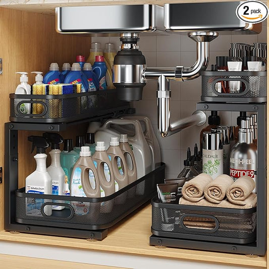 2 Pack 19.3IN-Depth Under Sink Organizer with Smooth Cylindrical Rail,2-Tier Pull Out Multi-Purpose Cabinet Storage for Bathroom&Kitchen,Height Adjustable,Rust-Resistant Coating-Black by UnderSinkOrganizer
