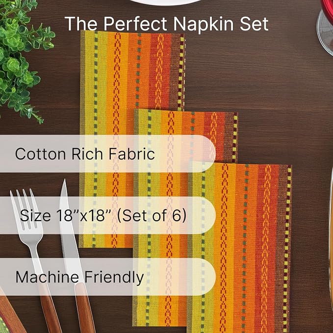 LFH Home Cotton Rich Cloth Salsa Napkin Set of 6 Washable Soft Durable Striped Table Napkins for Dining Wedding, Daily Use Reusable Eco-Friendly Napkins for Elegant Table Settings(18x18)-Orange - Image 2