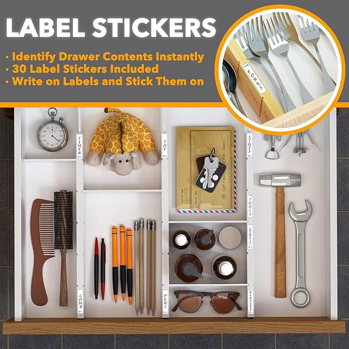 SpaceAid Bamboo Drawer Dividers with Inserts and Labels, Kitchen Adjustable Drawer Organizers, Expandable Organization for Home, Office, Dressers, 4 Dividers with 9 Inserts (17"-22" White) - Image 3