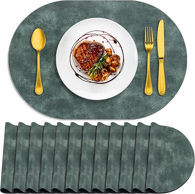 ADRIMER Placemats, Heat Resistant Oval Placemats Set of 12 Washable 12 x 17 Inch, Waterproof Table Mats, Wipeable Pu Place Mats for Kitchen, Dining Room, Blue & Green by Adrimersdreamistobeanindispensablecompanioninyourlife