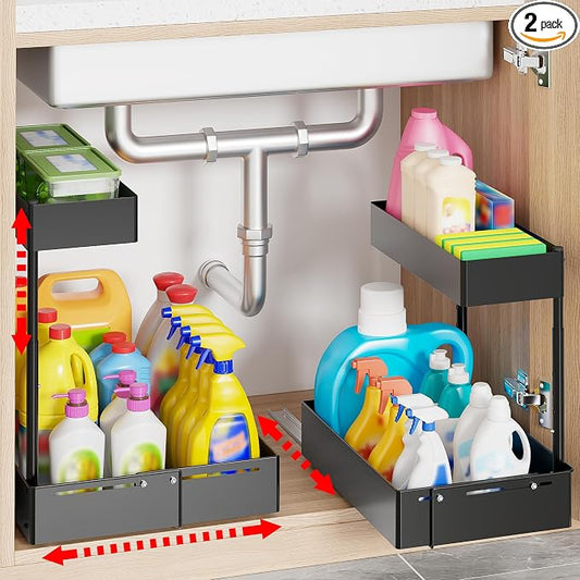 Pull Out Under Sink Organizer 2 Pack, 2 Tier Expandable Under Cabinet Storage with Height Adjustable Design for Kitchen Bathroom Laundry Room by Unknown
