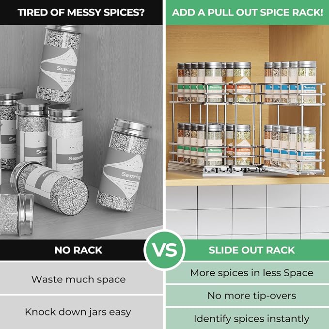 Mystozer Pull Out Spice Rack Organizer for Cabinet, Slide Out Spice Racks, Easy to Install Spice Cabinet Organizers, 7.4" Wx10.43 Dx8.26 H, 3 Drawers 2 Tiers(Silver) - Image 6