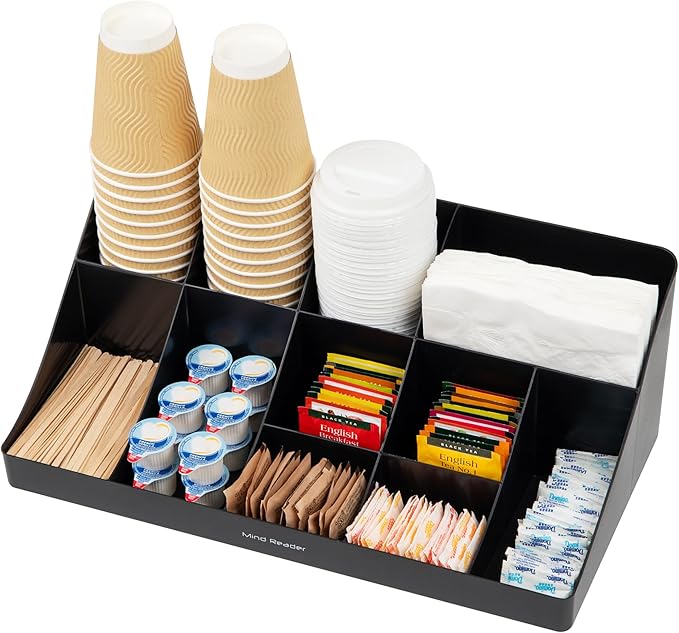 Mind Reader Cup and Condiment Station, Countertop Organizer, Coffee Bar, Kitchen, Stirrers, 17.875"L x 9.5"W x 6.625"H, Black - Image 5