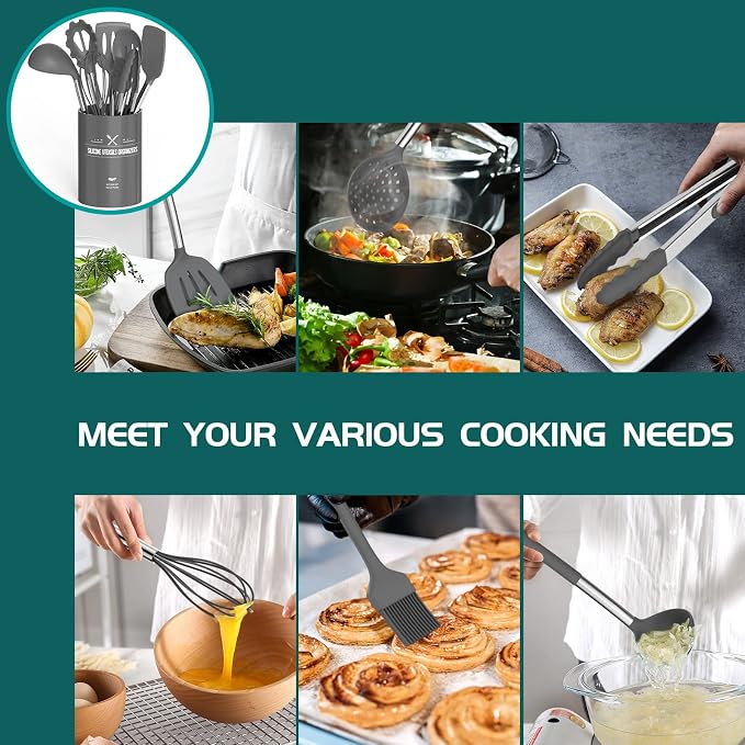 Stainless Steel Kitchen Cooking Utensil Set, Umite Chef 15 pcs Cooking Utensils - Nonstick Kitchen Utensils Cookware Set Spatula Set -Kitchen Gadgets Utensils Set, Kitchen Tools Gift (Gray) - Image 4