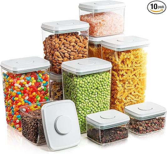 Airtight Food Storage Containers, 10-Piece, 5 Sizes, Pop-Top Lids | Clear Stackable Pantry Canisters for Flour, Sugar, Cereal, Pasta, Oats, Coffee, Snacks and Everyday Home Baking Ingredients by Tourdeus