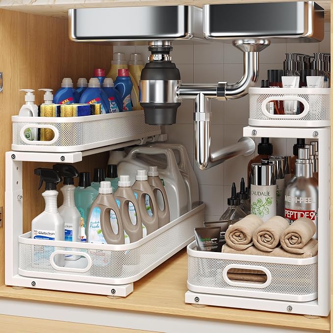 2 Pack 19.3IN-Depth Under Sink Organizer with Smooth Cylindrical Rail,2-Tier Pull Out Multi-Purpose Cabinet Storage for Bathroom&Kitchen,Height Adjustable,Rust-Resistant Coating-White by UnderSinkOrganizer