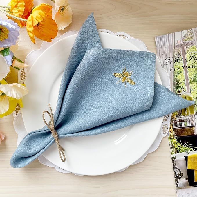 DerF HOME Cloth Napkins 100% Pure Linen, Light Blue, Set of 4, 18x18 | Embroidered, Handcrafted with Flax, Machine Washable, Soft & Durable by DERFHOME