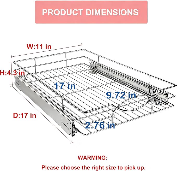 Sikarou Pull Out Cabinet Organizer, Heavy Duty Kitchen Cabinet Pull Out Shelves, Slide Out Wire Basket for Kitchen Cabinets, Bathroom, Pantry, Chrome Finish (11 * 17 in) - Image 2