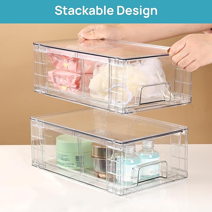 Vtopmart 4 Pack Stackable Storage Drawers,Clear Acrylic Drawer Organizers with Handles, Easily Assemble for Fridge, Bathroom,Kitchen Undersink,Cabinet,Pantry Organization and Storage | Clear Drawer Organizers with Removable Dividers for Flexible storag... - Image 6
