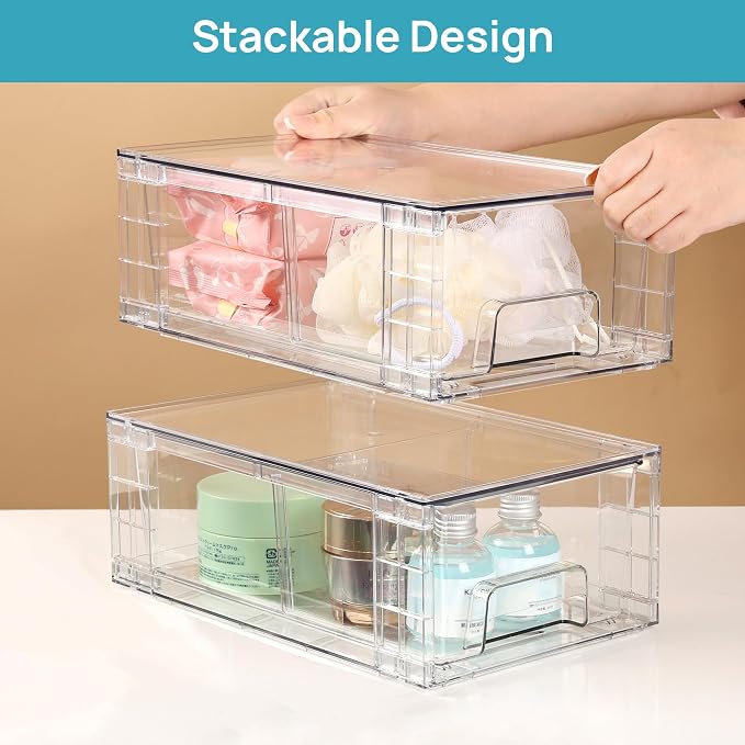 Vtopmart 6 Pack Stackable Storage Drawers,Clear Acrylic Drawer Organizers with Handles, Easily Assemble Containers for Fridge, Bathroom,Kitchen Undersink,Cabinet,Pantry Organization and Storage | Clear Drawer Organizers with Removable Dividers for Flex... - Image 4