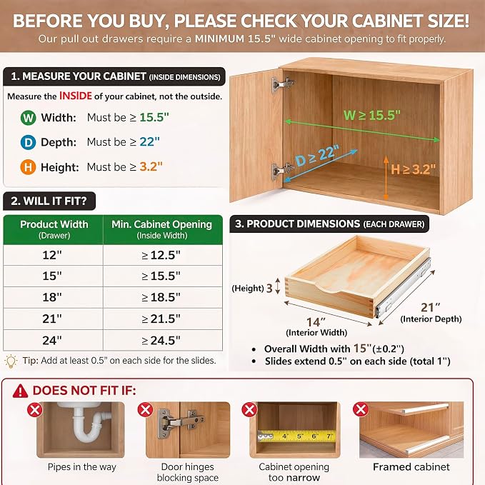 2 Set Wooden Pull out Cabinet Organizer Fully Assembled Slide out Pantry Drawer with Gentle Close Storage Shelf Tray for Base Kitchen Under Sink Bathroom Accessory(Wood Color,15'' X 21'' X 3'') - Image 2