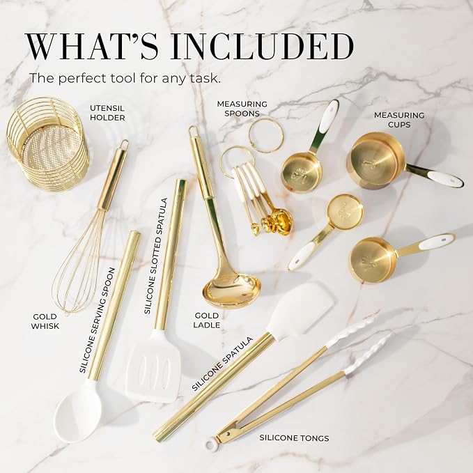 Styled Settings White and Gold Kitchen Utensils Set, 15-Piece | BPA free, Non-Scratch, Silicone Utensils Set Includes Measuring Cups and Spoons, White and Gold Kitchen Accessories - Image 2