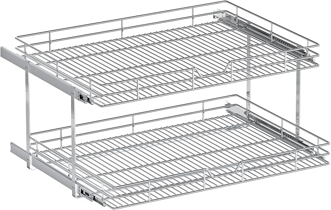 2-Tier Pull Out Cabinet Organizer, 31.5" W x 21.5" D, Heavy Duty Dual Slide Out Shelves for Wide Base Cabinets, Chrome Wire Basket Drawer for Pots, Pans, Pantry & Cleaning Supplies - Image 9