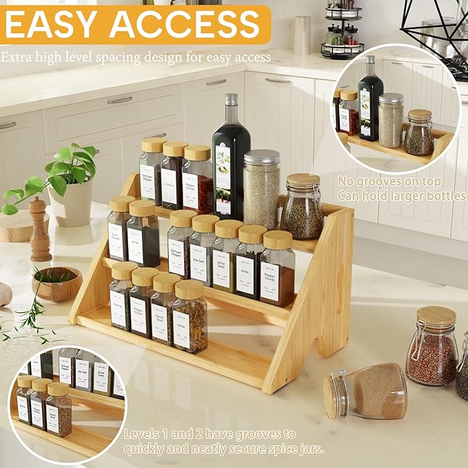 Bamboo Spice Rack Organizer -3-Tier Spice Rack for Countertop,Cabinet Spice Rack Organizer for 24 Spice Jars(4oz)，Step Shelf (yellow) - Image 3