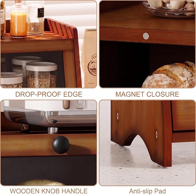 BAMBANG Bread Box for Kitchen Countertop, Bamboo Bread Box for Homemade Bread, Wooden Farmhouse Bread Storage Container, Large Breadbox Bread Bin Organizer for Counter Cabinet Pantry, Brown - Image 4