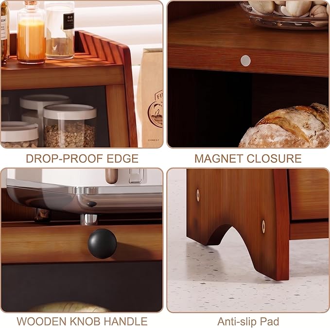 BAMBANG Bread Box for Kitchen Countertop, Bamboo Bread Box for Homemade Bread, Wooden Farmhouse Bread Storage Container, Large Breadbox Bread Bin Organizer for Counter Cabinet Pantry, Brown - Image 4
