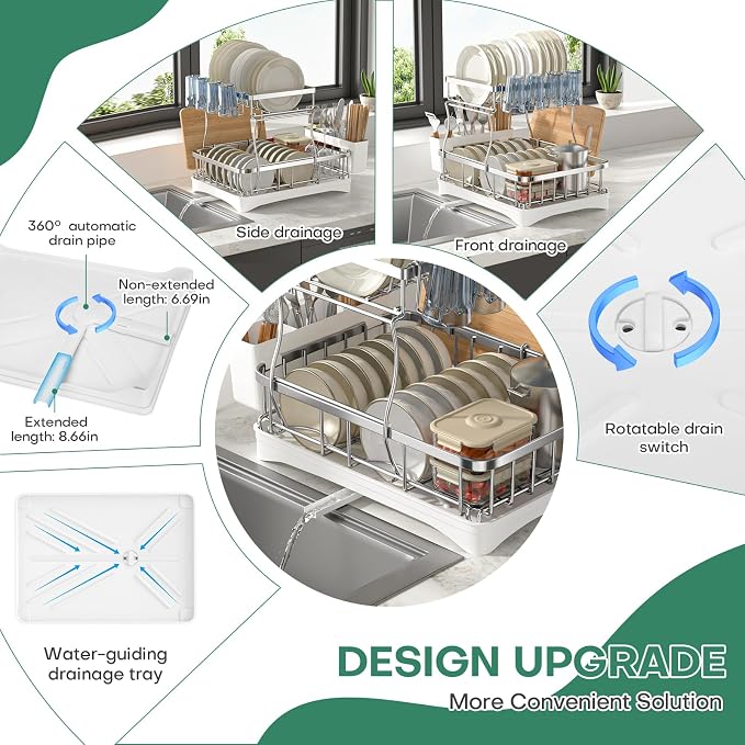 2 Tier Dish Drying Rack,Stainless Steel Dish Rack For Storing Knife Fork Pots&Pans,Dish Drying Rack With Drain Tray For Kitchen Countertops/Sinks,Silver Tiered Dish Rack With Retractable Drain Outlet - Image 6