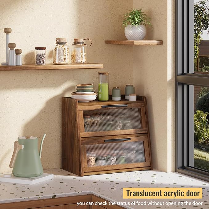 Bread Box for Kitchen Counter,Wooden Double Layer Countertop Bread Storage | Bread Holder Container Bin with Window for homemade bread; Acacia Wood Construction with Metal Handles - Image 5