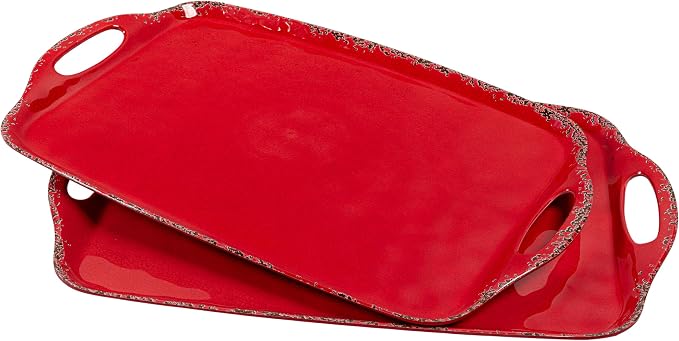 Christmas Large Melamine Serving Tray with Handle, Crackled Rustic Rectangle Melamine Serving Platter for Serving Food, Coffee Table Tray, Entertaining & Party Use, Set of 2, Christmas Red - Image 2