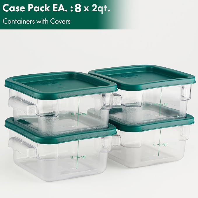 8-Pack 2 Qt NSF Clear Polycarbonate Food Storage Containers with Green Lids - Square, Commercial-Grade, Freezer & Dishwasher Safe, Stackable - Image 2