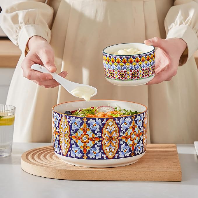 vancasso SIMI Serving Bowls with Lids, Ceramic Mixing Bowls Set of 4, Boho | Nesting Bowls for Food Storage, Prep, Stackable Bohemian Bowls, Dishwasher & Microwave Safe Gift Set, 60/36/20/10 OZ - Image 6