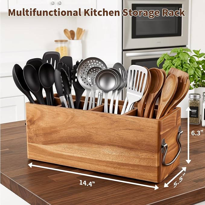 Kitchen Utensil Holder for Countertop Wooden Utensil Organizer with 5 Compartment Utensil Holder Durable Utensil Organizer Large Utensil Rack with Drain Holes Side Handles Stores Cooking Tools - Image 4