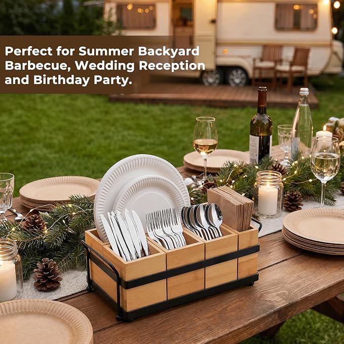 5-in-1 Bamboo Utensil Caddy and Paper Plate Organizer - Wooden Silverware Caddy with Napkin Holder and Portable Handle - Flatware Organizer for Kitchen Countertop, Camper RV, Buffet Party - Image 7