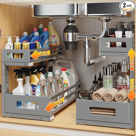 2-Pack 17"Deep Under Sink Organizer And Storage, 2-Tier L-Shaped Pull Out Cabinet Organizer with Upgraded Slide Rails, Height Adjustable Drawers for Kitchen&Bathroom, Extra-Large Storage Shelves–Gray by UnderSinkOrganizer
