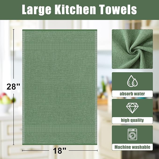 Homaxy 380 GSM Cotton Premium Kitchen Towels 3 Pack, 18"x 28", Grass Green | Flat and Terry Dish Towels, Highly Absorbent Tea Towel Set with Hanging Loop, Soft Utility Kitchen Hand Towels - Image 8