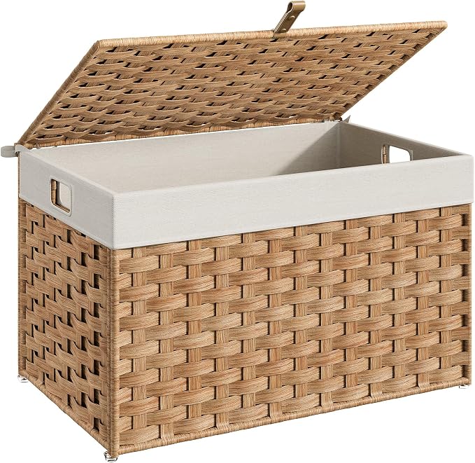 HOOBRO Storage Basket with Lid, 17.2 Gallon (65L) Wicker Basket, Handwoven Blanket Storage Basket with Handles, Metal Frame and Soft Lining, Foldable for Bedroom, Laundry Room, Natural NL265CW01 by HOOBRO