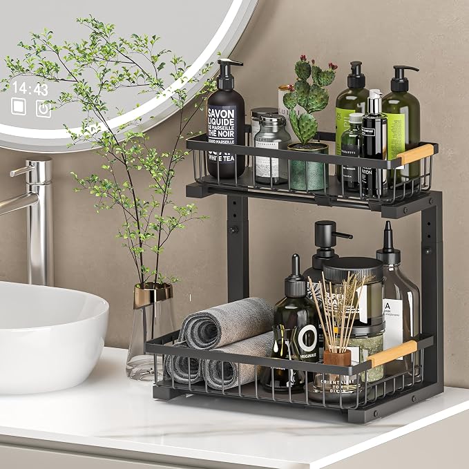 Liuoud Under Sink Organizer 2 Pack, 2 Tier Slide Out Large Capacity Height Adjustable Under Sink Organizers and Storage for Kitchen Bathroom Cabinet, Black - Image 9