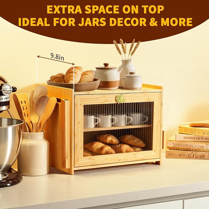 Large Bamboo Bread Box With Tempered Glass Door, Double Layer, Maple Leaf | Double Layer Storage, Countertop Organizer, Bamboo Material, Tempered Glass Door, Large Capacity - Image 5