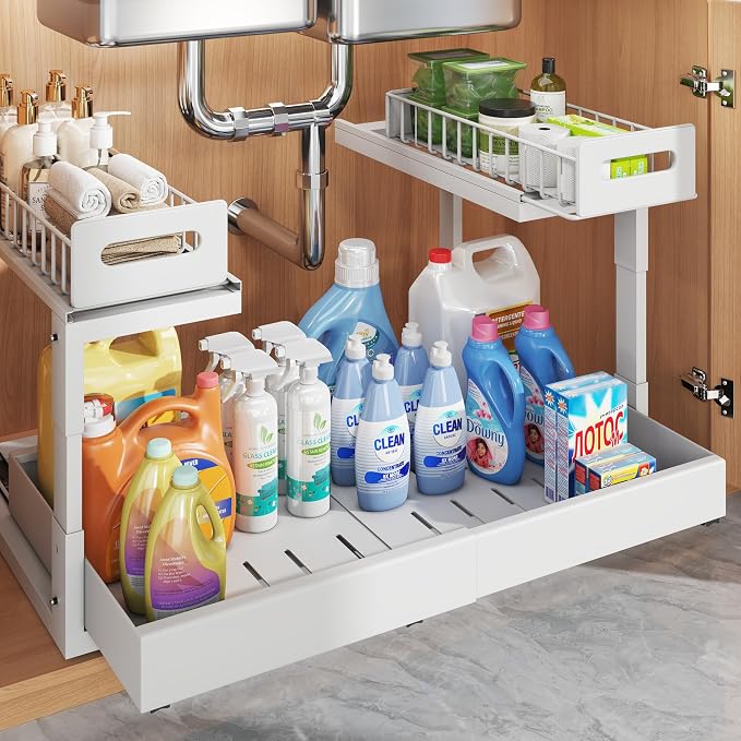 1 Pack Expandable Under Sink Organizers Storage With Upgrade Ball-Bearing Slide Tracks,2-Tier Pull Out Under Cabinet Organizer Height Adjustable,Not Suitable For Cabinets With Partitions In The Middle by UnderSinkOrganizer