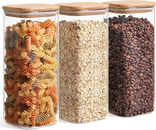 ComSaf Glass Storage Containers wtih Lids 1.9 Qt, Set of 3 Food Storage Jar | Pantry Storage Containers, Glass Jar, Square Canisters, Bamboo Lid with Silicone Seal, Cookie, Cereal, Coffee, 61oz, BPA Free by ComSaf