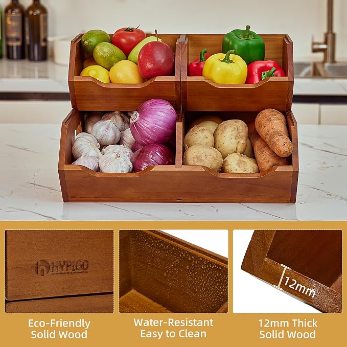 HYPIGO Wood Pantry Storage Baskets, Stackable Large Capacity Potato and Onion Storage Bins, Kitchen Pantry Organizers for Vegetables, Bread, Spices (Set of 3) - Image 6