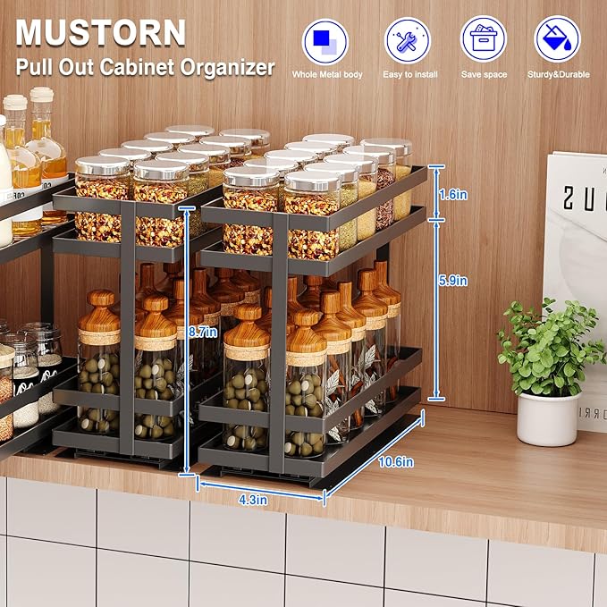 Mustorn Pull Out Spice Rack Organizer for Cabinet, 2 Tier Metal Slide Out Seasoning Organizer and Storage Heavy Duty Vertical Spice Rack Shelf Pullout for Kitchen Cabinets No Drilling(1 Pack, Black) - Image 2