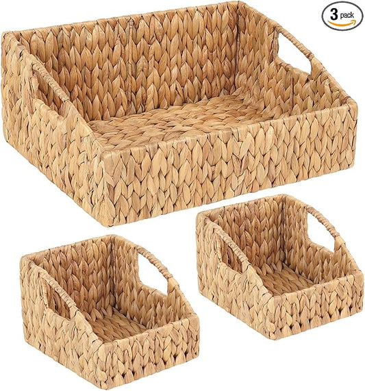Set of 3 Handwoven Storage Baskets – Decorative Natural Wicker Organizer Bins with Built-in Handles for Bathroom, Kitchen, Pantry, Nursery, Closet, Laundry, Living Room, and Home Use by VINAHAND
