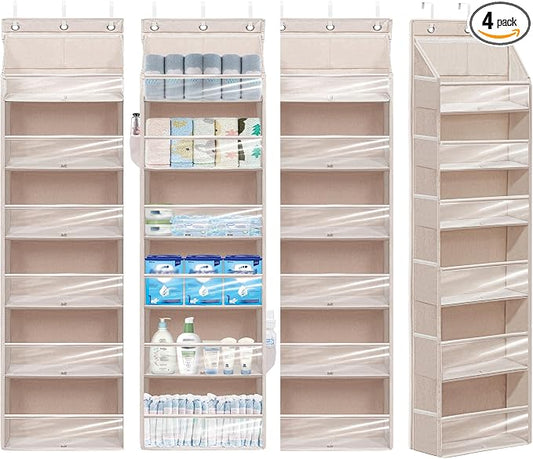 Over Door Organizer with 6 Extra Large Pockets 12 Side Pockets, Sturdy Closet Storage Rack, Hanging Storage Organizer with Clear Window for Shoes, Diaper, Bedroom, Bathroom, Beige, 4-Pack by Unknown
