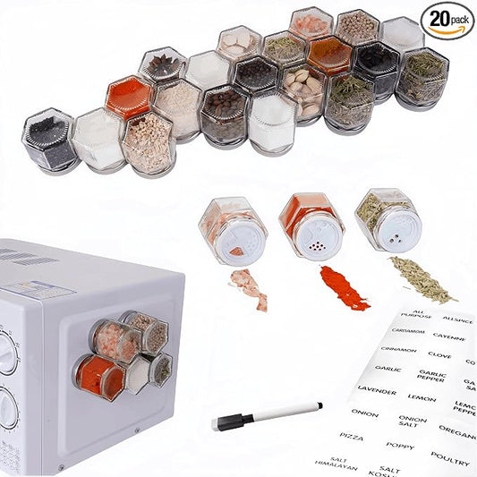 20 Glass Small Hexagon Magnetic Spice Jars for Refrigerator with Labels | Magnet Seasoning Containers with Shaker Lids, Fridge Magnetic Spice Rack Organizer with Jars by OPTWISELY