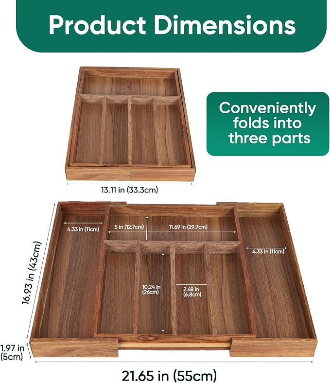 Acacia Wood Silverware Organizer, 7-Compartment Expandable Drawer Tray | Expands from 13.11 to 21.65 in wide, 16.93 in deep, with 7 compartments, acacia wood construction, and anti-slip pads - Image 2