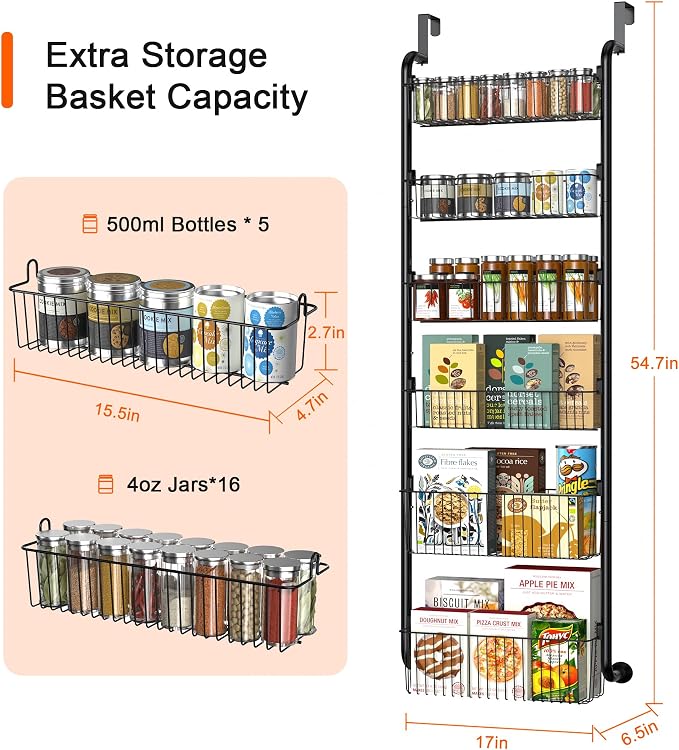 VECELO Kitchen Over the Door Organizer, 6-Tier Pantry Door Organizers and Storage, Metal Sturdy Over the Door Pantry Organizer, Easy Installation Over the Door Storage Spice Rack Shelves, Black - Image 2