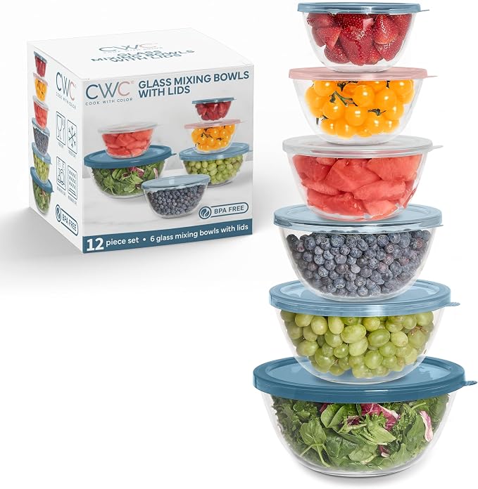 COOK WITH COLOR 12 Pc Glass Mixing Bowl Set with Lids – Borosilicate Glass Nesting Bowls for Cooking, Baking and Meal Prep, Blue/Pink by CookwithColor