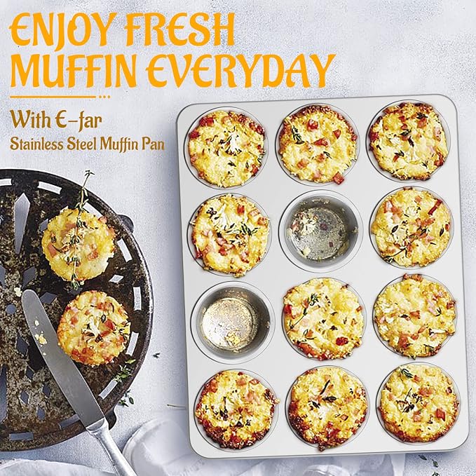 E-far Muffin Pan 12-Cup, 3-Pack Stainless Steel Cupcake Pan for Oven | Non-Toxic Metal Muffin Tins for Baking Muffins & Cupcakes, Regular Size & Easy Clean, Dishwasher Safe - Image 7