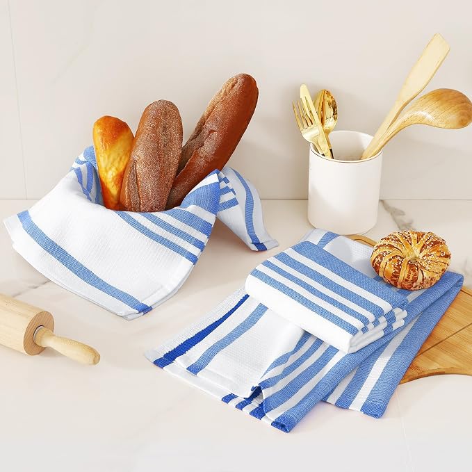 Homaxy Premium Cotton Stripe Kitchen Towels 3 Pack, 18"x 28", Blueberry | Large 380 GSM Kitchen Hand Towels, Soft Terry Dish Towels, Highly Absorbent Tea Towel Set with Hanging Loop - Image 6
