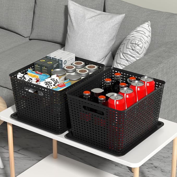 Ggbin 6-Pack Large Plastic Weave Basket with Lid, Black Storage Basket Bins - Image 4