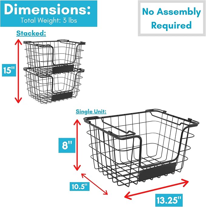 BirdRock Home Stacking Wire Market Baskets with Chalk Label | Set of 2 | Fruit Vegetable Produce Metal Storage Bin for Kitchen Counter | Black - Image 3