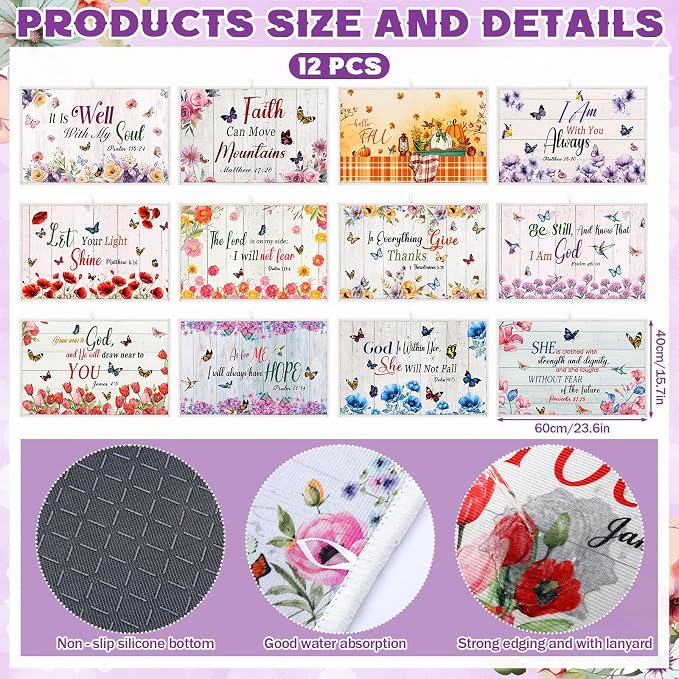 12 Pcs Christian Dish Drying Mats for Kitchen 24"x 16" Gifts Bulk | Religious Floral Scripture Hymn Microfiber Absorbent Washable Drainer Mat for Counter Home Accessories Decorations - Image 2